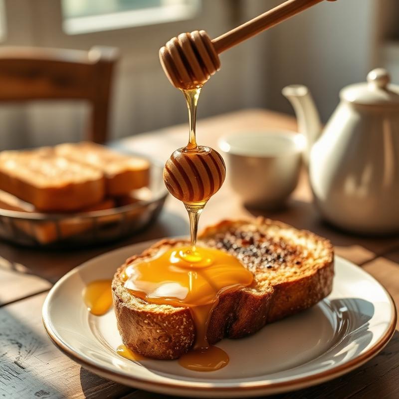 Honey drizzled over warm toast at breakfast