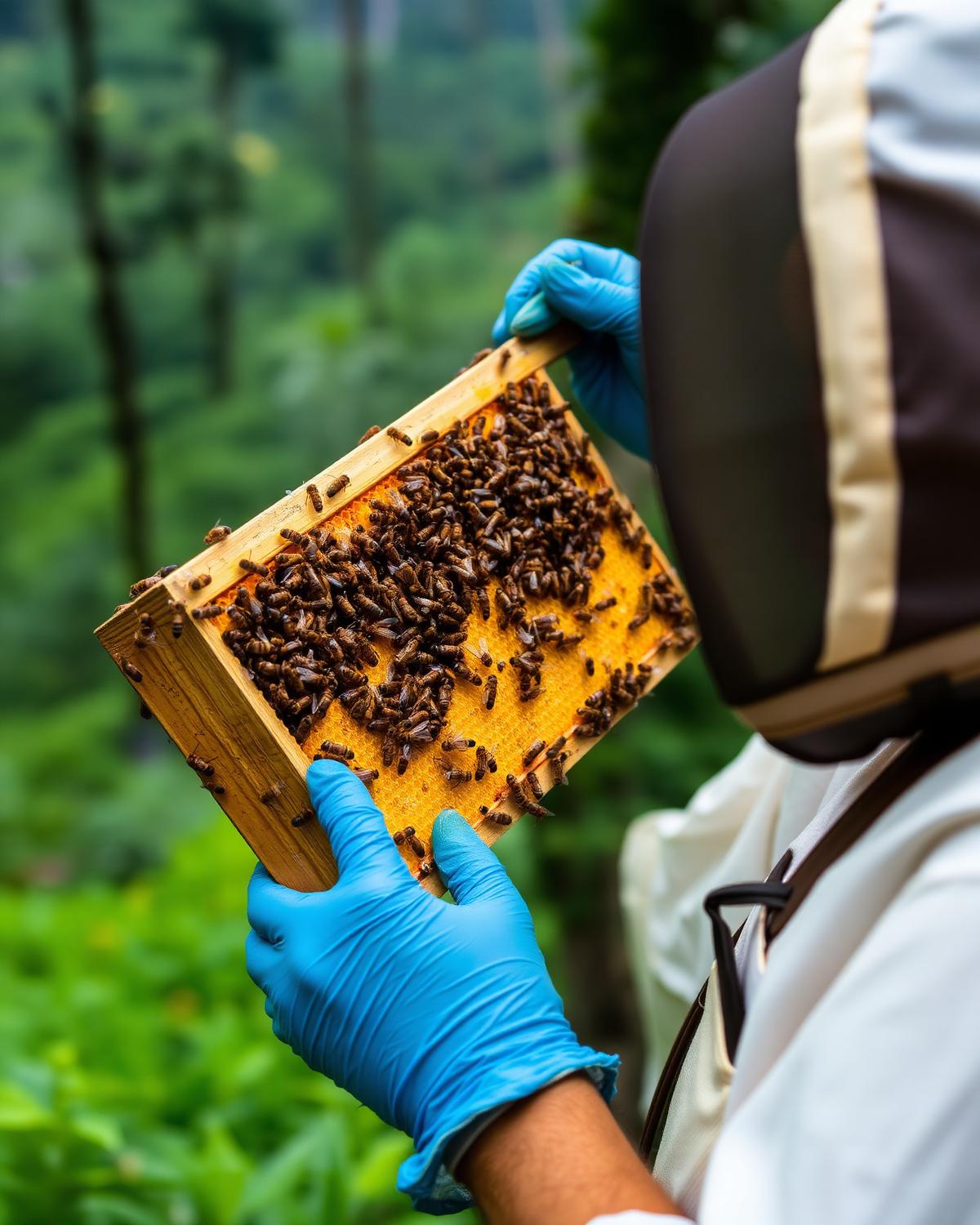 Beekeeper holding a honeycomb frame in the Coorg forest